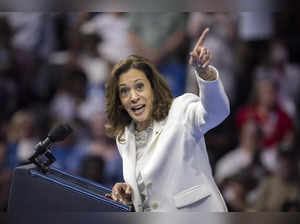 Democratic presidential nominee Vice President Kamala Harris speaks at a campaig...