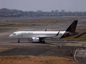 A Vistara passenger aircraft taxis on the tarmac at Chhatrapati Shivaji International Airport in Mumbai