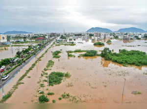 A view of a flooded neighbourhood following heavy rains in Vijayawada