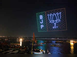 Varanasi, May 10 (ANI): Drones makes a formation representing the Bharatiya Jant...