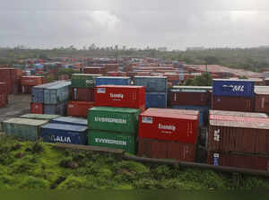 Cargo containers are seen stacked outside the container terminal of JNPT in Mumbai