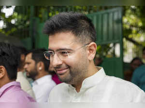 New Delhi: AAP leader Raghav Chadha interacts with the media after a meeting wit...