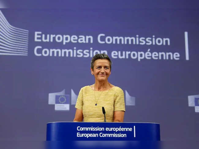 EU antitrust chief Margrethe Vestager holds a press conference, in Brussels