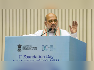 Union home minister Amit Shah speaks during the first foundation day (PTI photo)