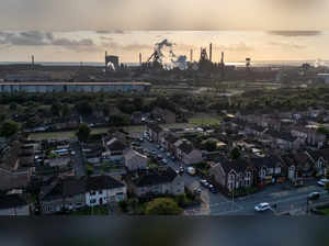 A drone view shows the Tata steel works in Port Talbot, Wales