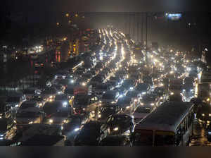 Gurugram: Vehicles stuck in a traffic jam on Delhi-Gurugram Expressway during he...