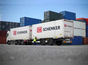 FILE PHOTO: DB Schenker trucks are seen during a press tour of Deutsche Bahn's logistics unit Schenker at the harbour in Hamburg