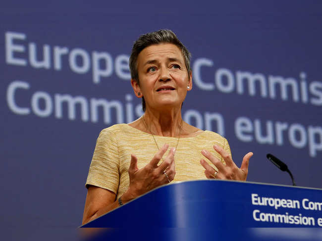 FILE PHOTO: EU antitrust chief Margrethe Vestager holds a press conference, in Brussels