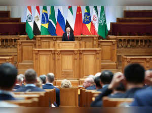 Russian President Vladimir Putin speaks at the BRICS Parliamentary Forum in Saint Petersburg