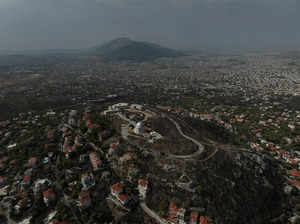 A drone view of the Penteli Observatory, next to a burned area following a recent wildfire on Mount Penteli, near Athens