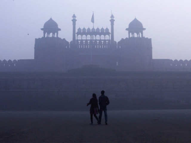 Red Fort amid dense fog on a cold winter morning