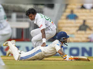 Chennai: India’s Ravindra Jadeja and Bangladesh’s Hasan Mahmud collide on the pi...