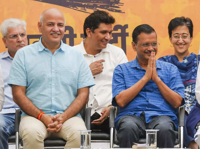 New Delhi: Delhi Chief Minister Arvind Kejriwal with Manish Sisodia during a par...