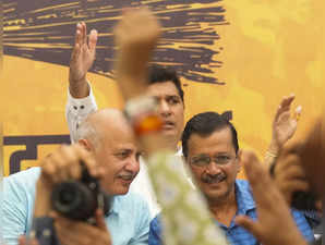 New Delhi: Delhi Chief Minister Arvind Kejriwal with Manish Sisodia during AAP w...