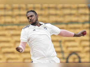 Bengaluru: India B player Yash Dayal bowls a delivery during the fourth day of t...