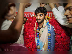 Chennai: Candidates champion Indian Chess grandmaster Dommaraju Gukesh being wel...