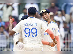 Chennai: India's Ravichandran Ashwin, Shubman Gill and Rishabh Pant celebrate th...