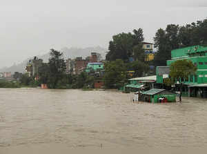 Flood along the bank of overflowing Bagmati River following heavy rains in Kathmandu