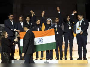 Winner of Women category team India pose during a victory ceremony at the 45th C...