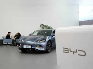 FILE PHOTO: A BYD EV at a car dealership in Shanghai