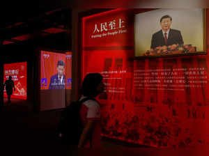 A photo of Chinese President Xi Jinping is displayed at the National Security Exhibition Gallery, ahead of China's 75th National Day in Hong Kong