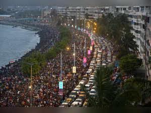 Mumbai, July 04 (ANI): A massive crowd of fans gather at Nariman Point for the T...