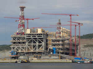 A structure of Arctic LNG 2 joint venture is seen under construction near the settlement of Belokamenka, Murmansk region