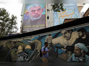 A billboard with a picture of newly appointed Hamas leader Yahya Sinwar is displayed in Tehran