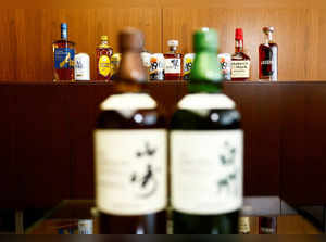 Suntory's alcoholic and non-alcoholic beverages are displayed during a Reuters Newsmaker event at the company headquarters in Tokyo