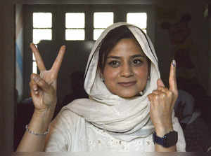 Anantnag: PDP candidate Iltija Mufti shows victory sign and her finger marked wi...