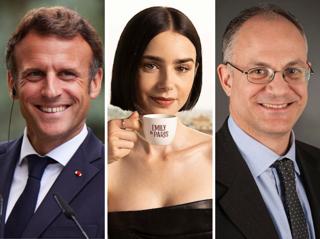 French President Emmanuel Macro, Lily Collins as Emily Cooper and the Mayor of Rome Roberto Gualtieri