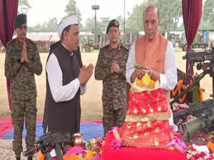 Defence Minister Rajnath Singh performs Shashtra Puja at Sukhana Cantonment on Vijaya Dashmi