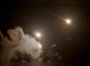 FILE PHOTO: Projectiles are seen in the sky after Iran fired a salvo of ballistic missiles, amid cross-border hostilities between Hezbollah and Israel, as seen from Tel Aviv