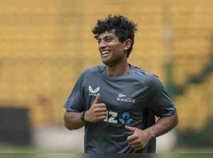 Bengaluru: New Zealand's Rachin Ravindra during a training session ahead of the ...