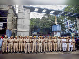 Kolkata: Police personal stand gurd in front of R G Kar Hospital during resident...