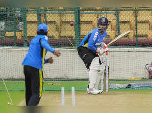 Bengaluru: India's Rishabh Pant bats in the nets during a training session ahead...