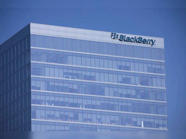 The Blackberry logo is shown on a office  tower in Irvine, California