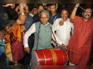 Ranchi: Jharkhand BJP President Babulal Marandi plays a traditional instrument d...