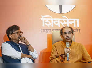 Mumbai: Shiv Sena UBT chief Uddhav Thackeray with Sanjay Raut addresses a press ...