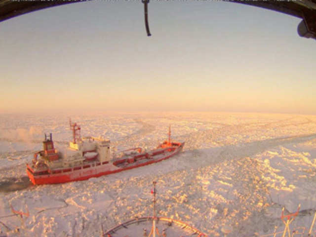 Coast Guard Ice Breaker Healy approaches Russian tanker Renda