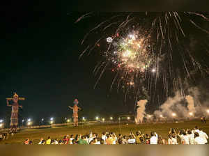 Jabalpur: Fireworks during the Dussehra festival celebrations, in Jabalpur, Frid...