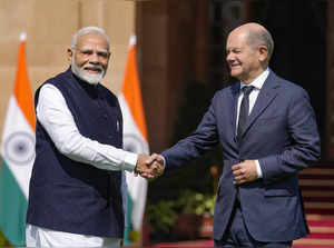 New Delhi: Prime Minister Narendra Modi with German Chancellor Olaf Scholz durin...