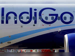 The logo of IndiGo Airlines is pictured on passenger aircraft on the tarmac in Colomiers near Toulouse