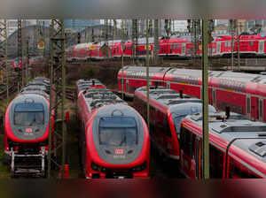 Deutsche Bahn trains operate outside Frankfurt central station at the start of a strike by train drivers’ union GDL