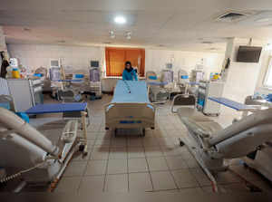 A healthcare worker works inside the kidney dialysis unit at Jabal Amel Hospital, in central Tyre