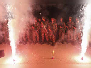 Akhnoor: Indian Army personnel celebrate Diwali along the Line of Control (LoC),...