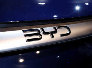 A view of the logo of BYD during the launch of the BYD eMAX 7, an electric MPV by Chinese car and battery maker BYD, in New Delhi