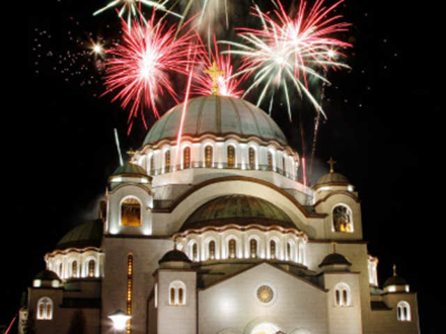 Fireworks over St. Sava temple in downtown Belgrade