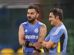 Colombo: India’s Virat Kohli with Head Coach Gautam Gambhir during a practice se...