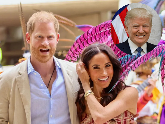 Prince Harry, Meghan Markle and Donald Trump (inset)